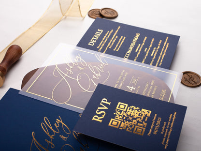 Navy Blue and Gold Acrylic Wedding Invitation