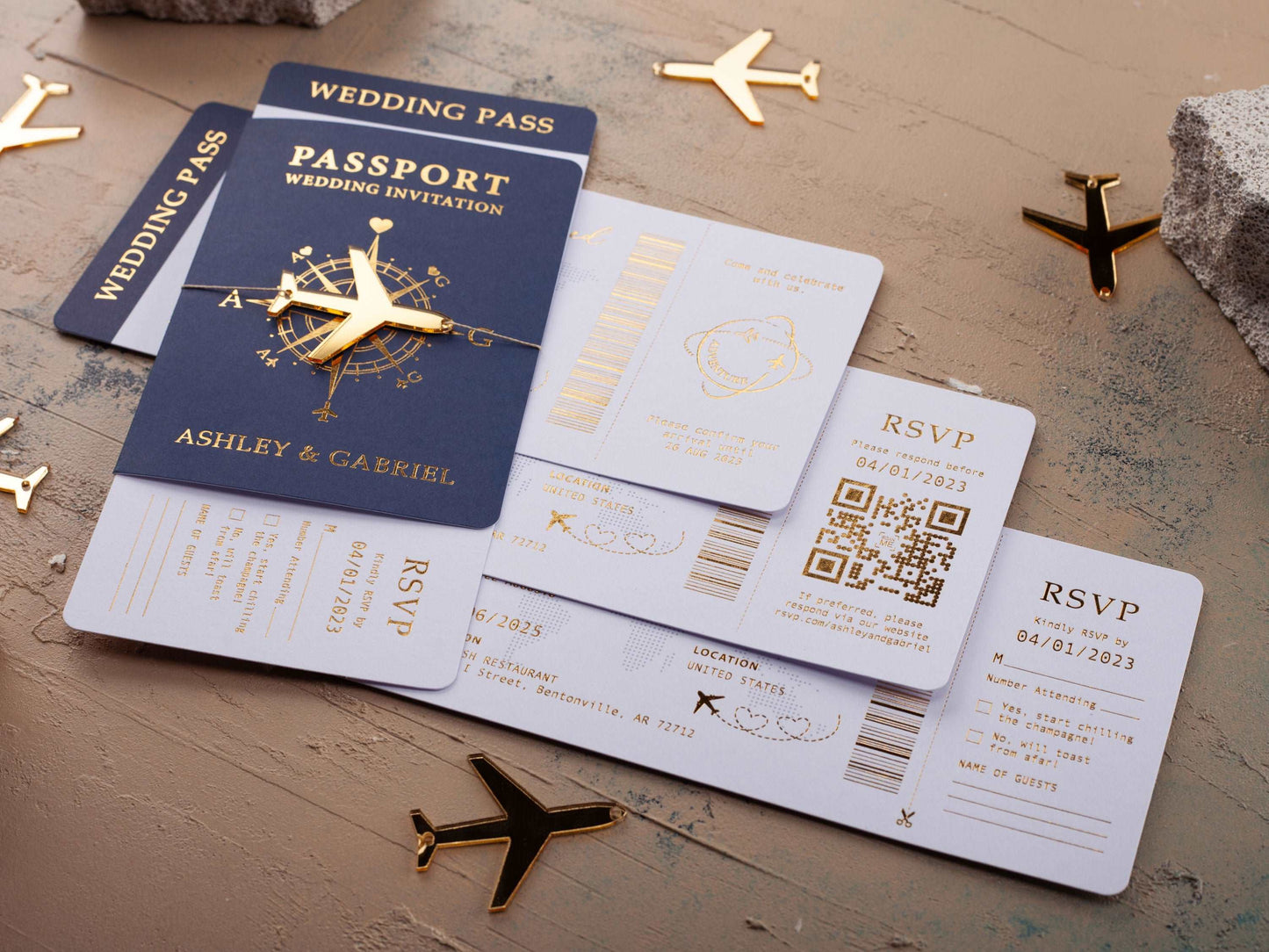 Navy Blue and Gold Foil Boarding Pass Wedding Invitation