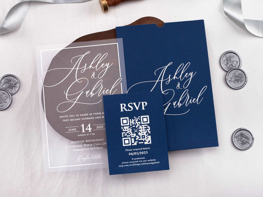 Navy Blue and Silver Acrylic Wedding Invitation