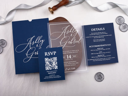 Navy Blue and Silver Acrylic Wedding Invitation