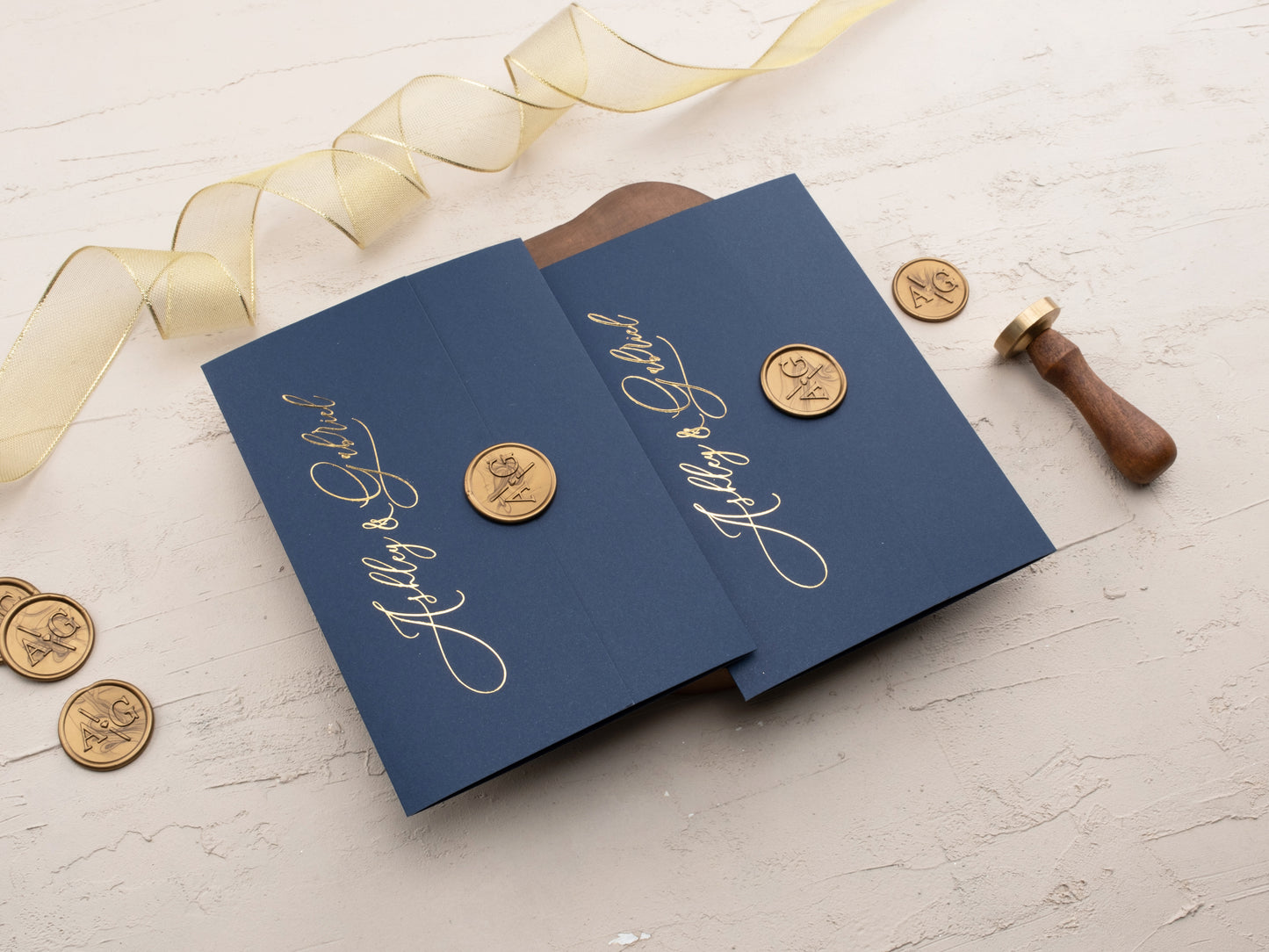 Navy Blue & Gold Foil Acrylic Wedding Invitation with Gatefold Jacket