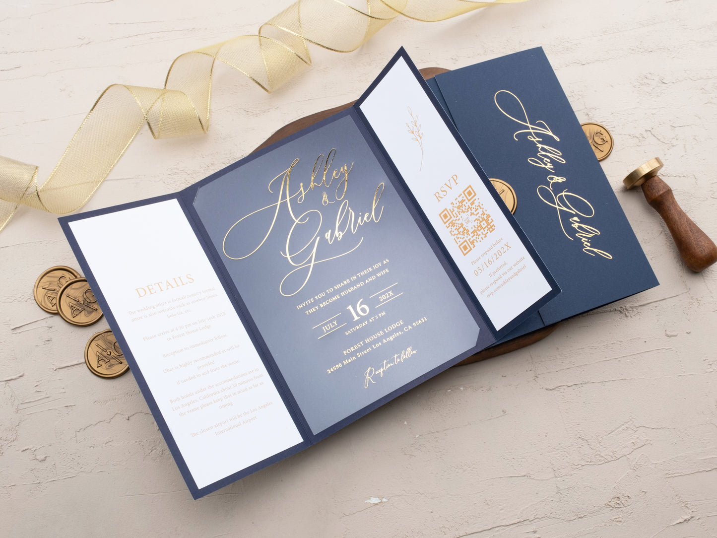 Navy Blue & Gold Foil Acrylic Wedding Invitation with Gatefold Jacket