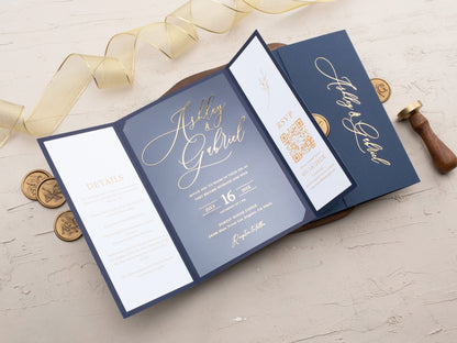 Navy Blue & Gold Foil Acrylic Wedding Invitation with Gatefold Jacket