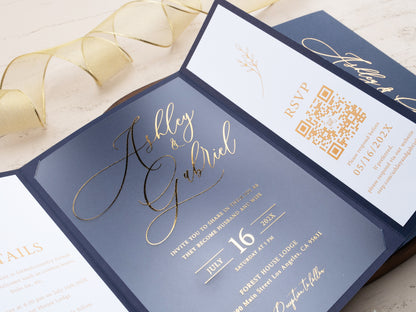 Navy Blue & Gold Foil Acrylic Wedding Invitation with Gatefold Jacket