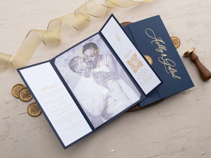 Navy Blue & Gold Foil Acrylic Wedding Invitation with Gatefold Jacket