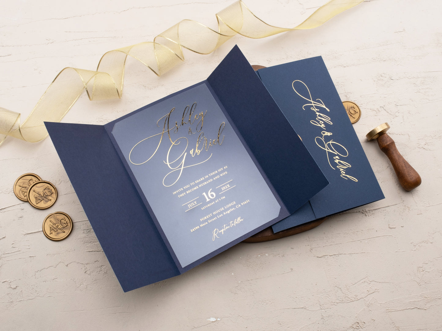 Navy Blue & Gold Foil Acrylic Wedding Invitation with Gatefold Jacket