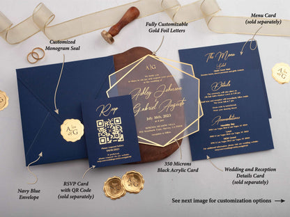 Navy Blue and Gold Acrylic Wedding Invitation