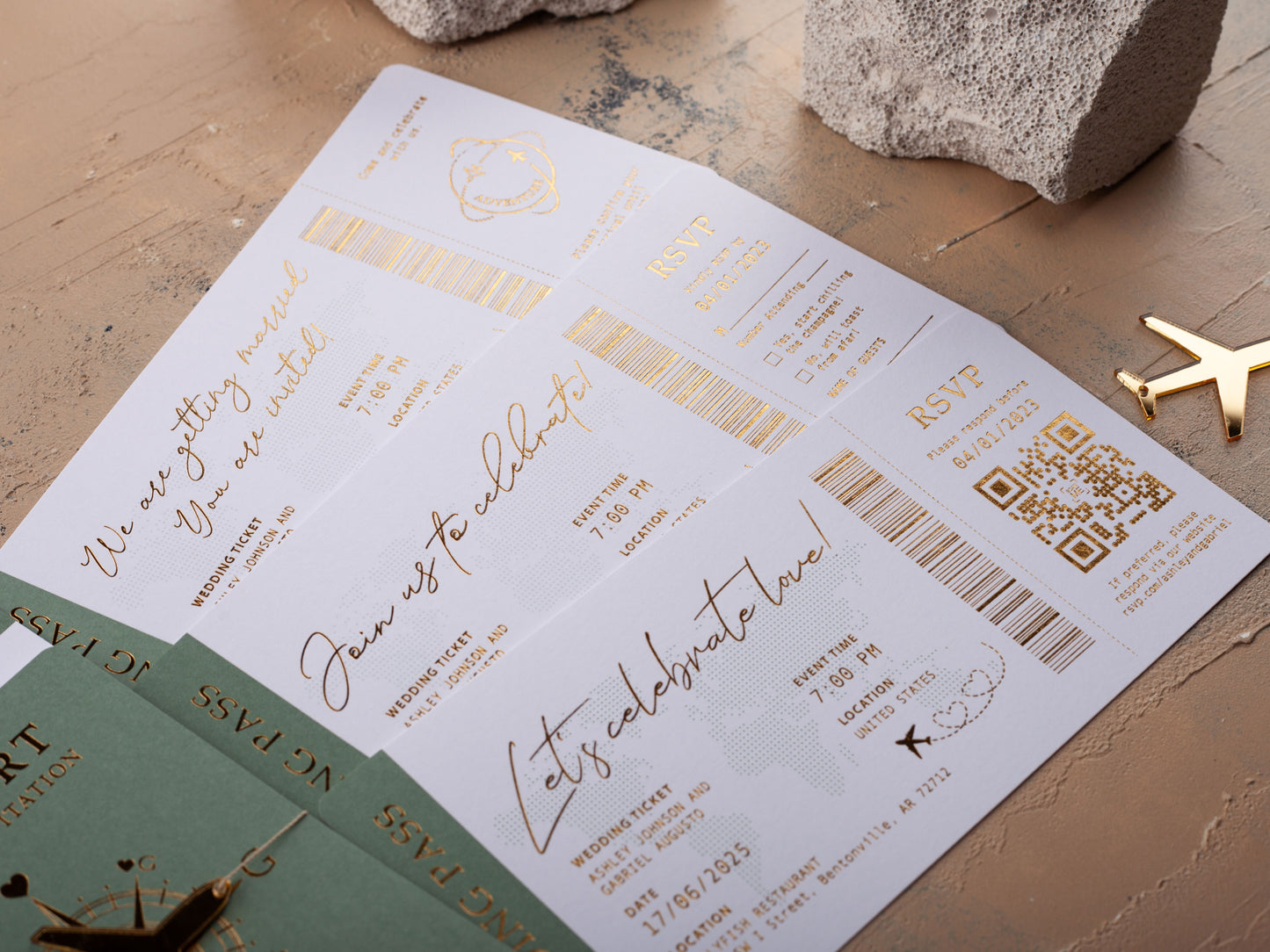 Sage Green Passport Wedding Invitation with Gold Letters