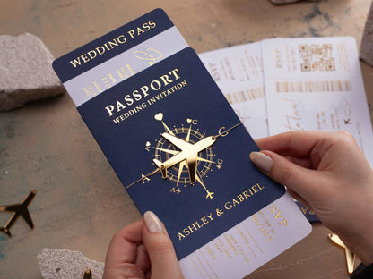 Navy Blue and Gold Foil Boarding Pass Wedding Invitation