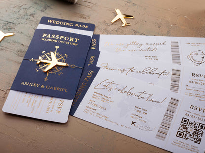 Navy Blue and Gold Foil Boarding Pass Wedding Invitation