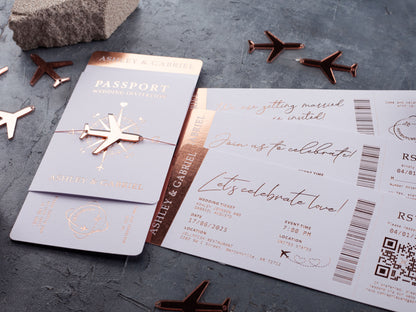 White Passport Wedding Invitation with Rose Gold Foil