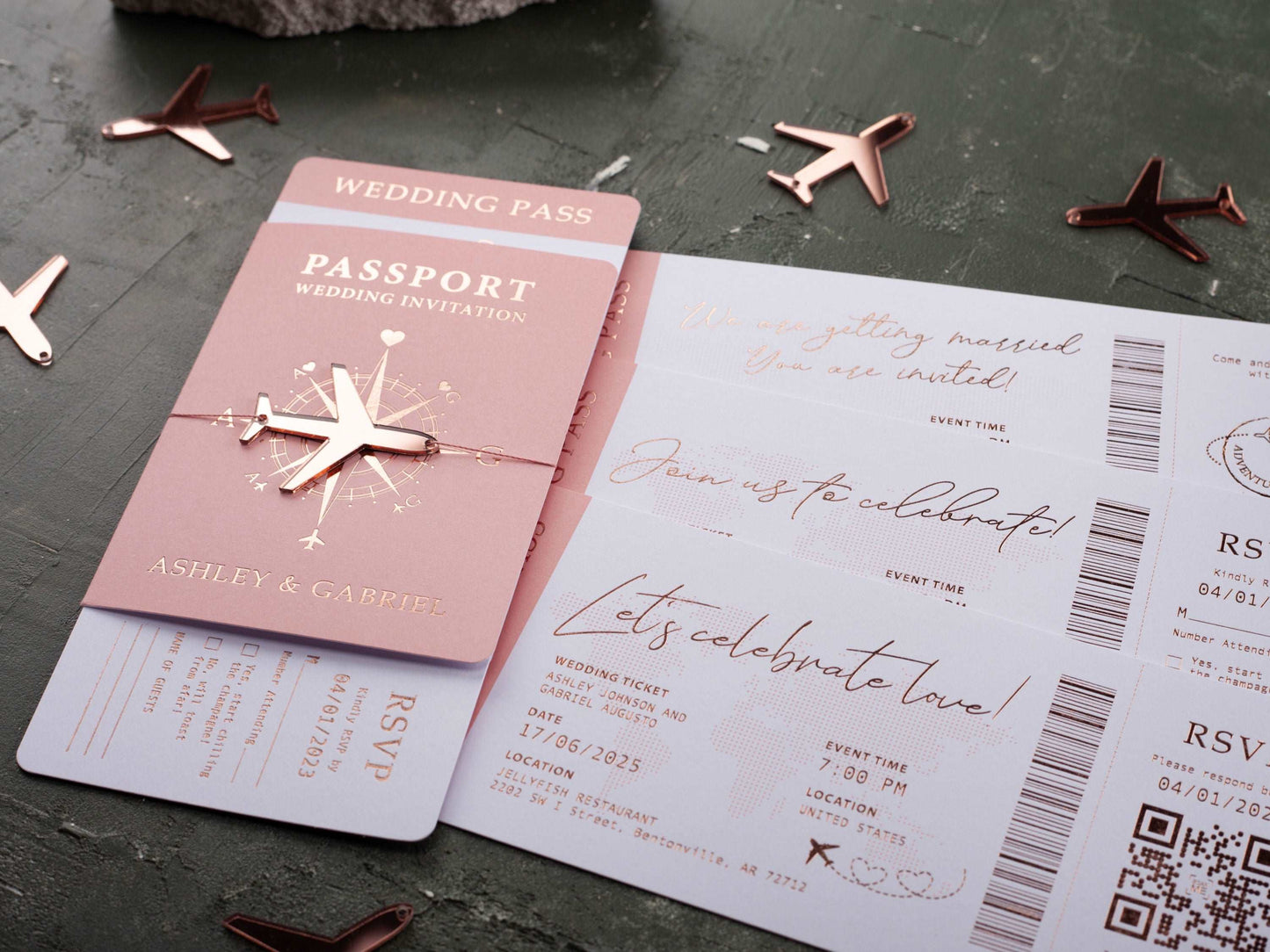 Boarding Pass Wedding Invitation, Pink and Rose Gold Foil