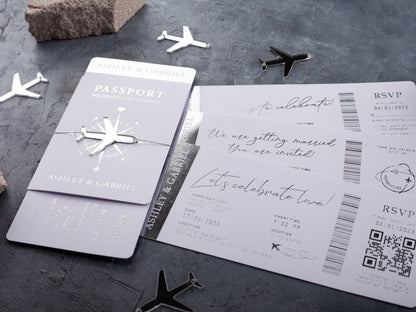 White Boarding Pass Wedding Invitation with Silver Foil