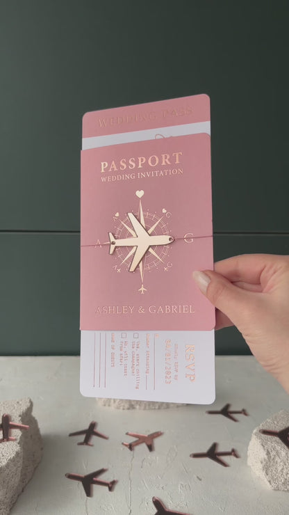 Boarding Pass Wedding Invitation, Pink and Rose Gold Foil