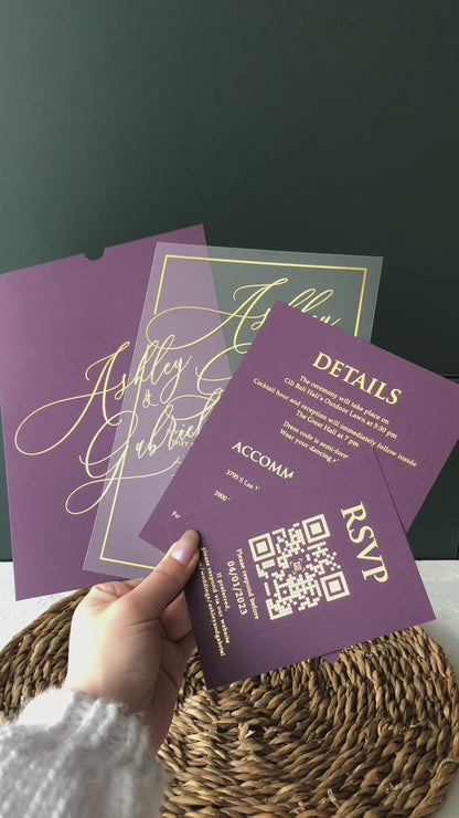 Acrylic Wedding Invitation with Purple Envelope and Gold Foil Print