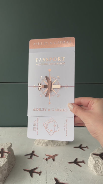 White Passport Wedding Invitation with Rose Gold Foil