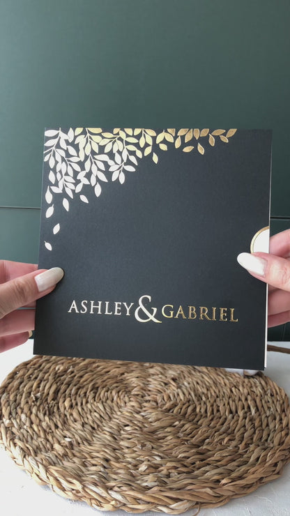 Black and Gold Wedding Invitation with Embossed Leaves