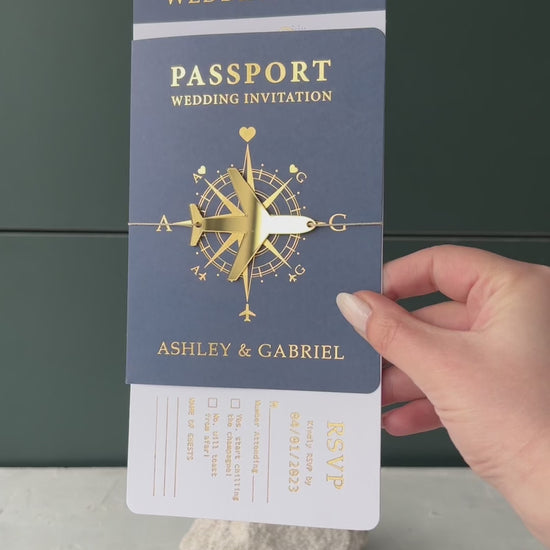 navy blue and gold passport wedding invitation video