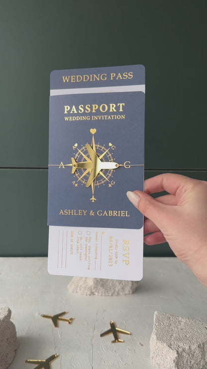 navy blue and gold passport wedding invitation video