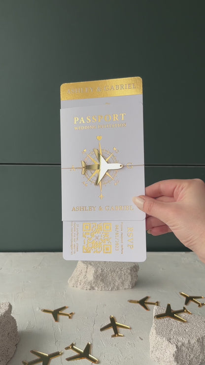 White Passport Wedding Invitation with Gold Foil