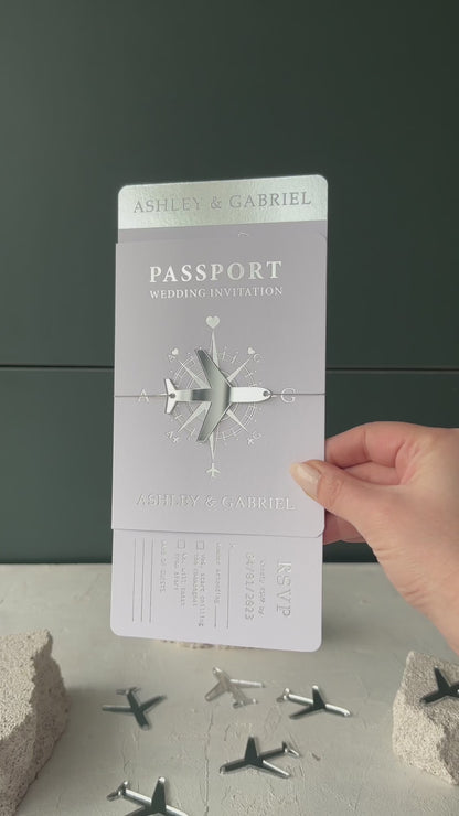 White Boarding Pass Wedding Invitation with Silver Foil