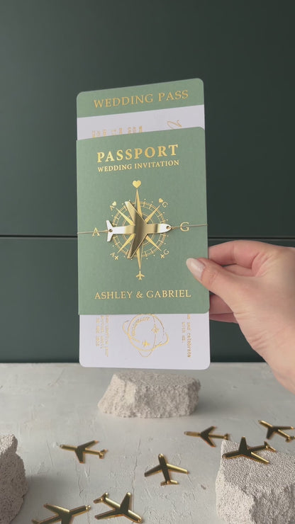 Sage Green Passport Wedding Invitation with Gold Letters