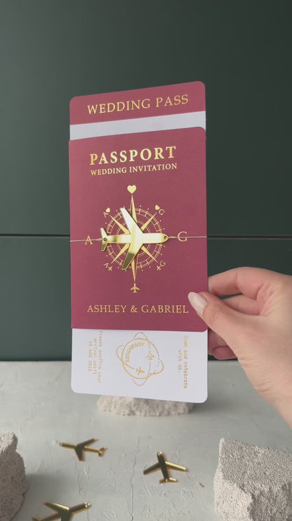 Burgundy Boarding Pass Wedding Invitation with Gold Foil