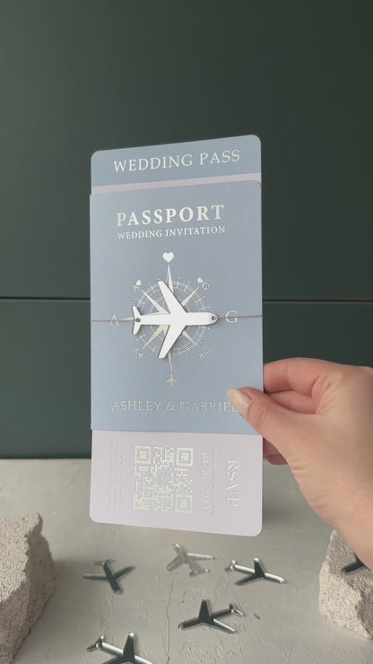 Baby Blue Boarding Pass Wedding Invitation with Silver Foil