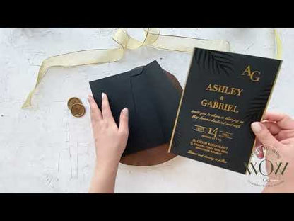 Luxury Black and Gold Wedding Invite with Palm Leaves