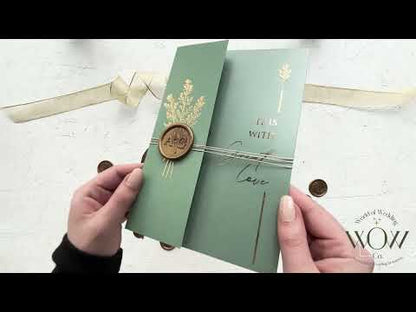 Acrylic Invitation with Sage Green Folded Jacket and Gold Foil