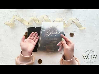 Gold Foil Printed Acrylic Invitation with Black Sleeve Envelope