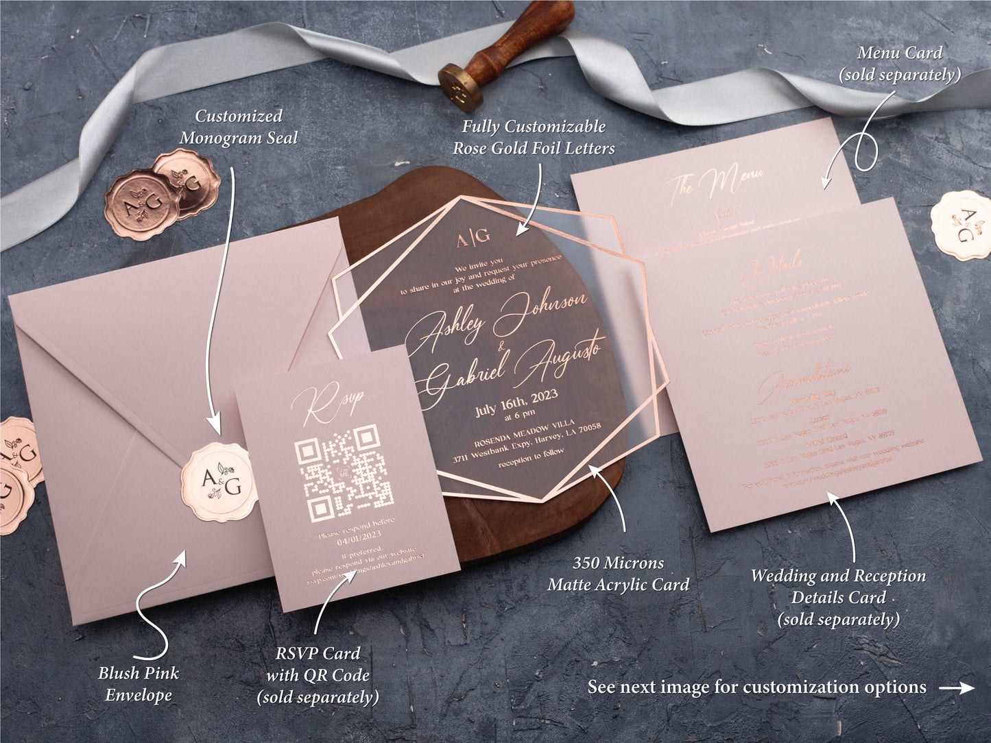 Blush Pink and Rose Gold Acrylic Wedding Invitation