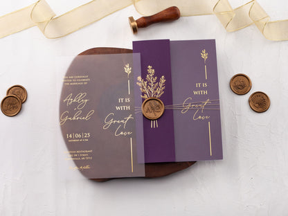 Purple and Gold Acrylic Invitation with Folded Jacket