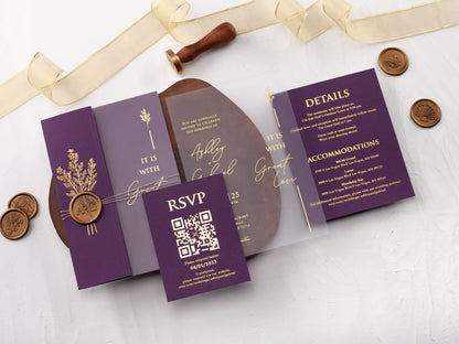 Purple and Gold Acrylic Invitation with Folded Jacket