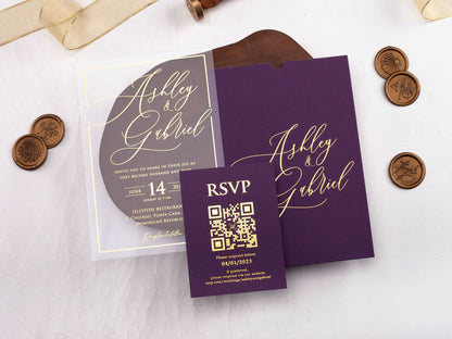 Acrylic Wedding Invitation with Purple Envelope and Gold Foil Print