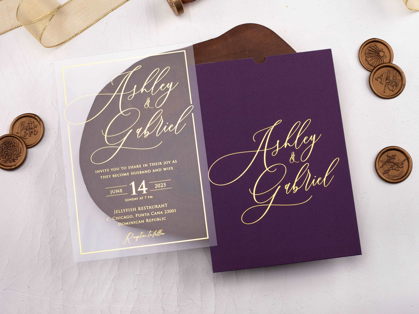 Acrylic Wedding Invitation with Purple Envelope and Gold Foil Print