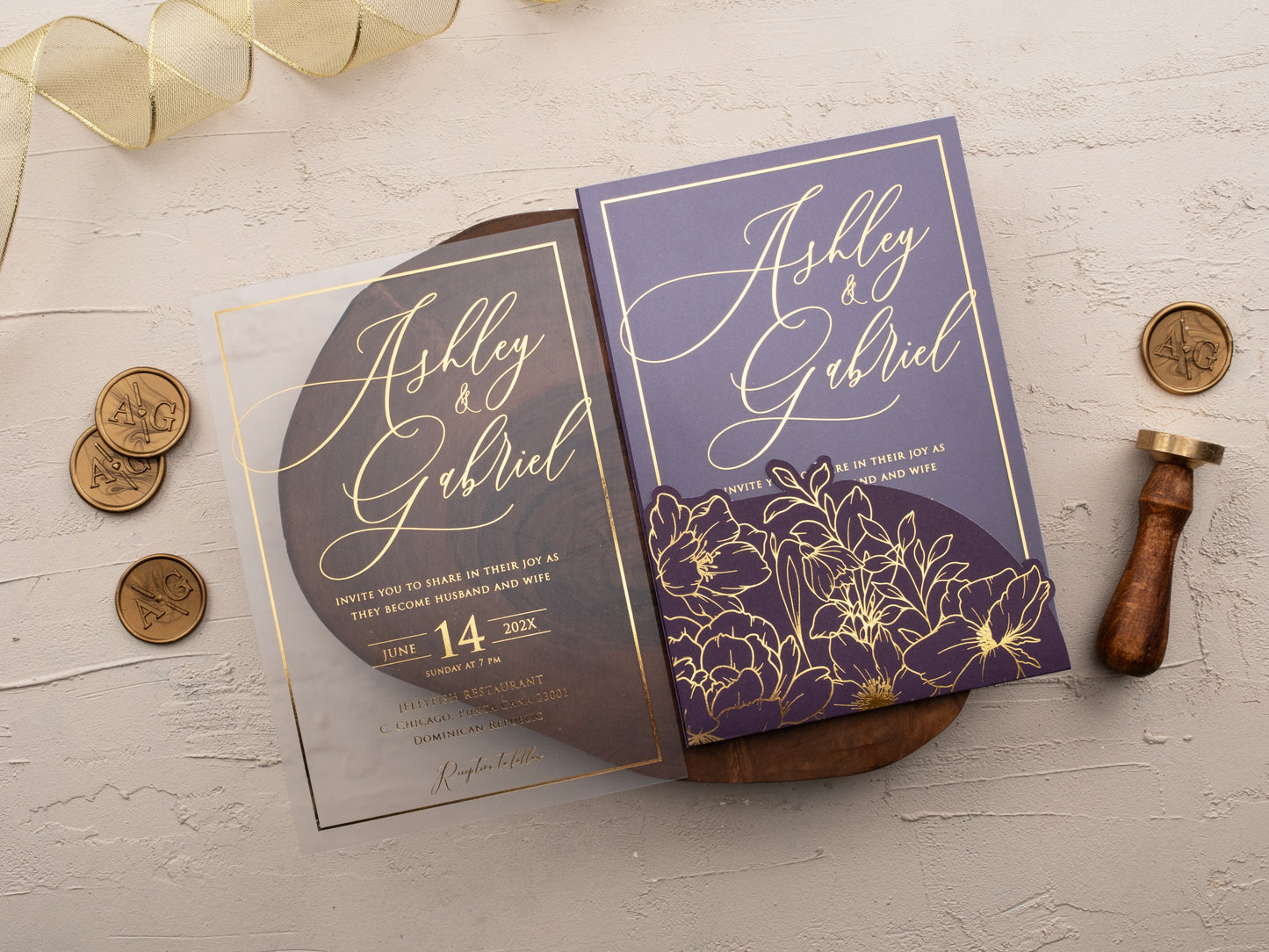 Luxury Purple and Gold Floral Acrylic Wedding Invitation