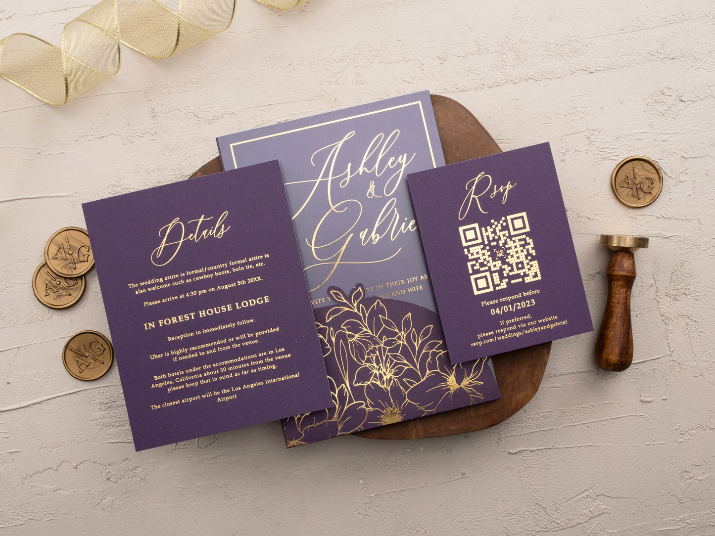 Luxury Purple and Gold Floral Acrylic Wedding Invitation