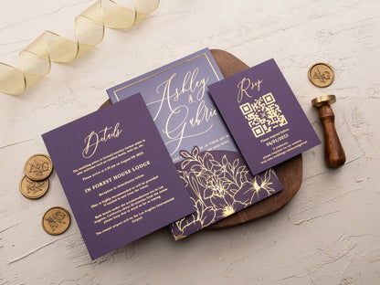 Luxury Purple and Gold Floral Acrylic Wedding Invitation