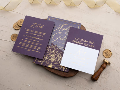 Luxury Purple and Gold Floral Acrylic Wedding Invitation