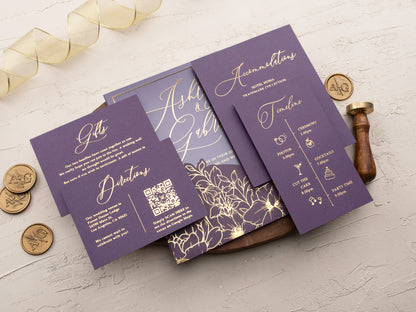 Luxury Purple and Gold Floral Acrylic Wedding Invitation