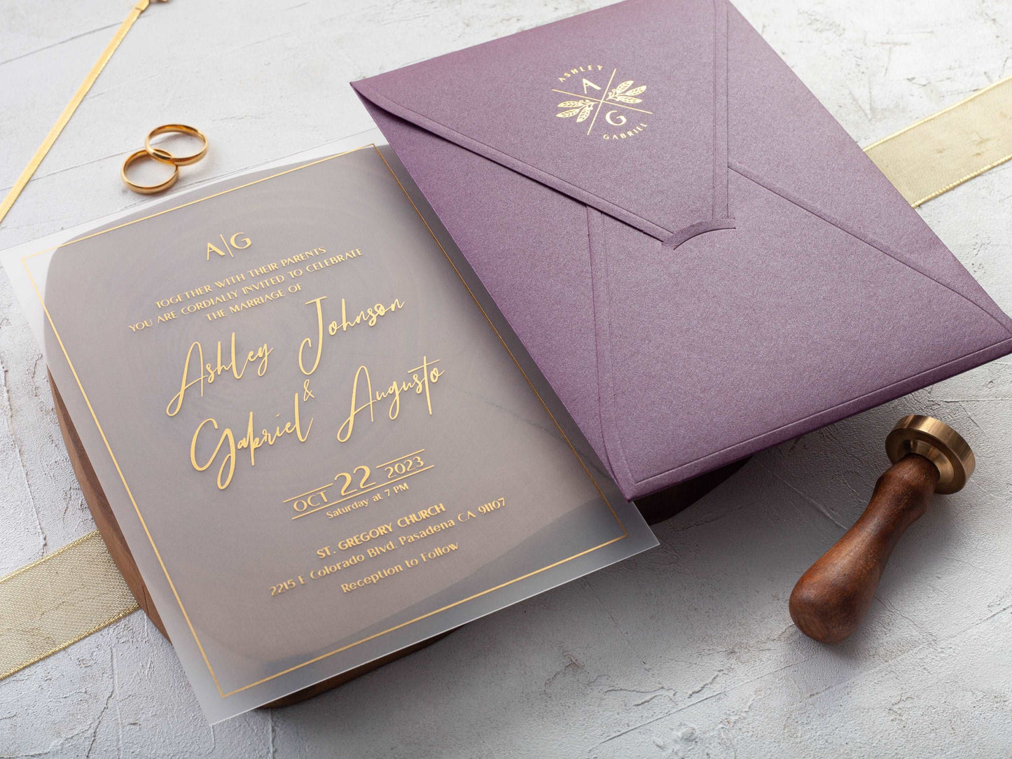 Elegant Gold Foil Printed Acrylic Wedding Invitation with Purple Envelope