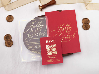 Acrylic Wedding Invitation with Red Envelope and Gold Foil Print