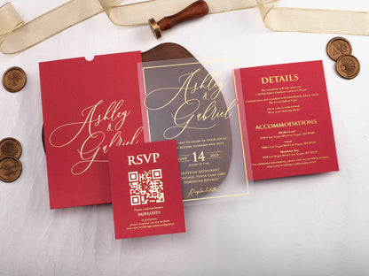 Acrylic Wedding Invitation with Red Envelope and Gold Foil Print