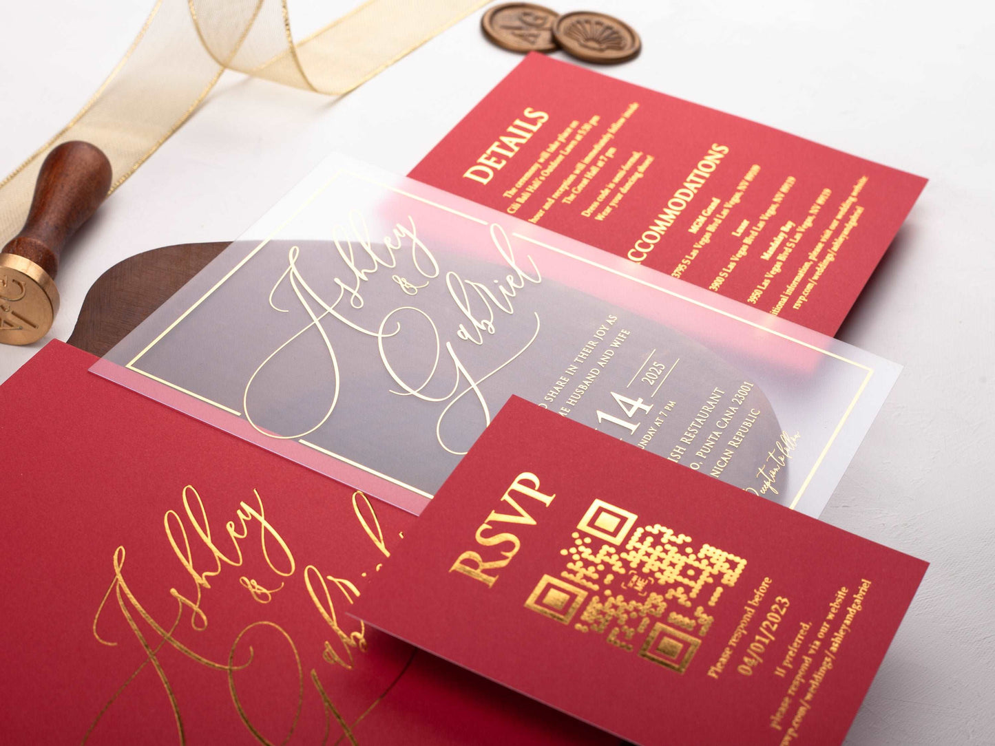 Acrylic Wedding Invitation with Red Envelope and Gold Foil Print