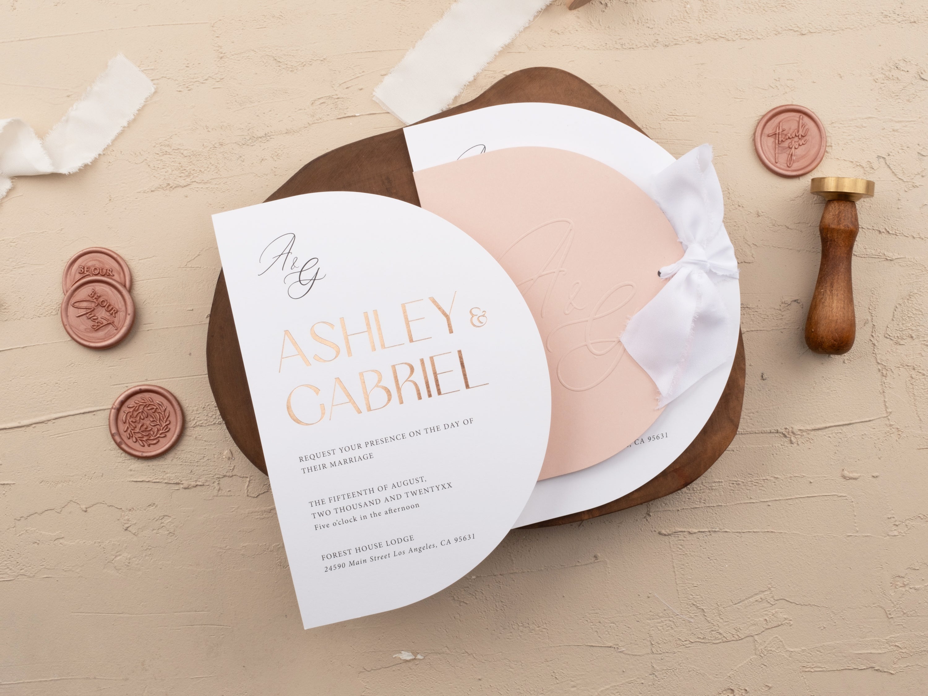 Rose Gold Foil Wedding Invitation with Half Circle Folded Blush Pink Jacket