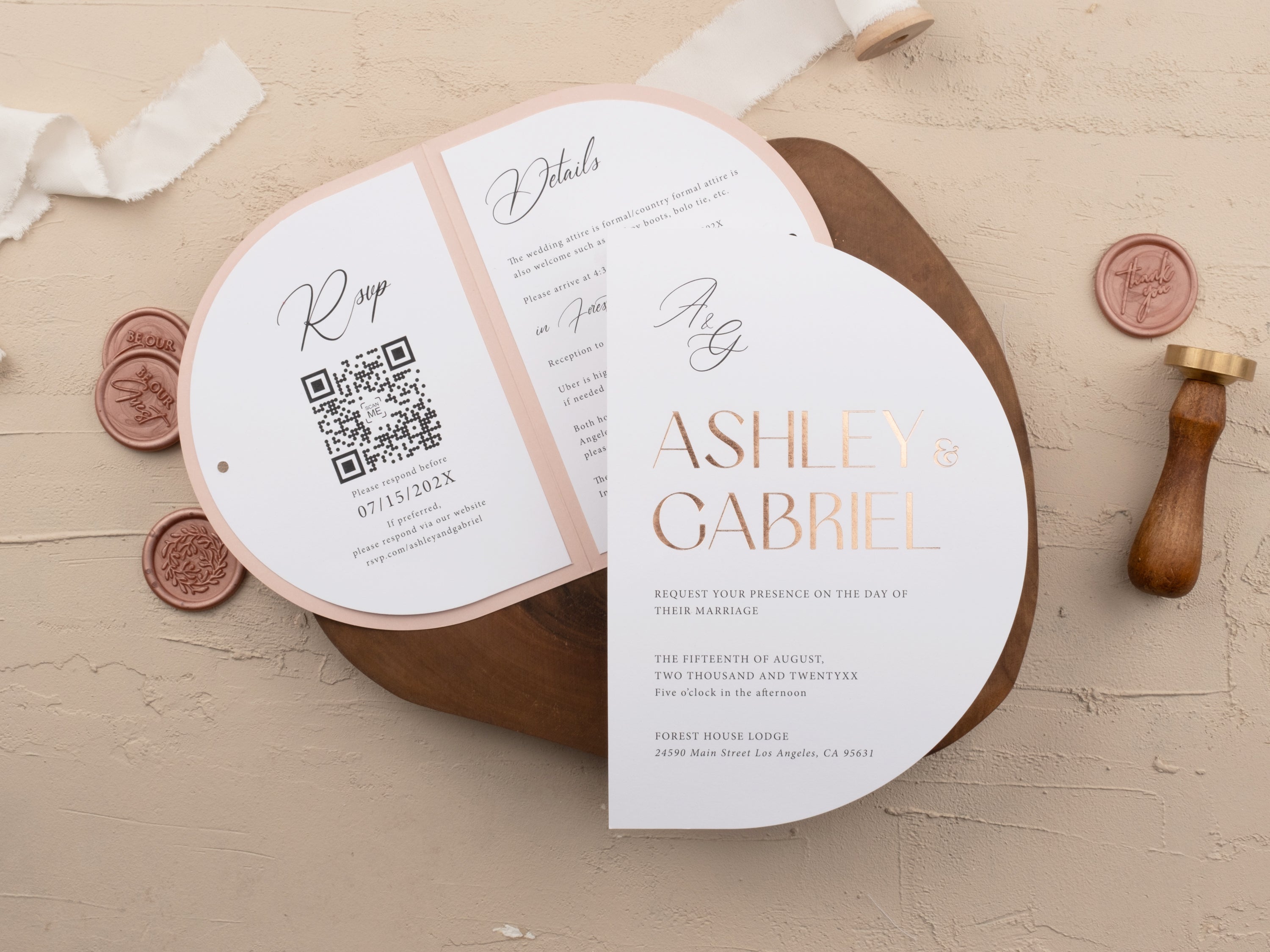 Rose Gold Foil Wedding Invitation with Half Circle Folded Blush Pink Jacket