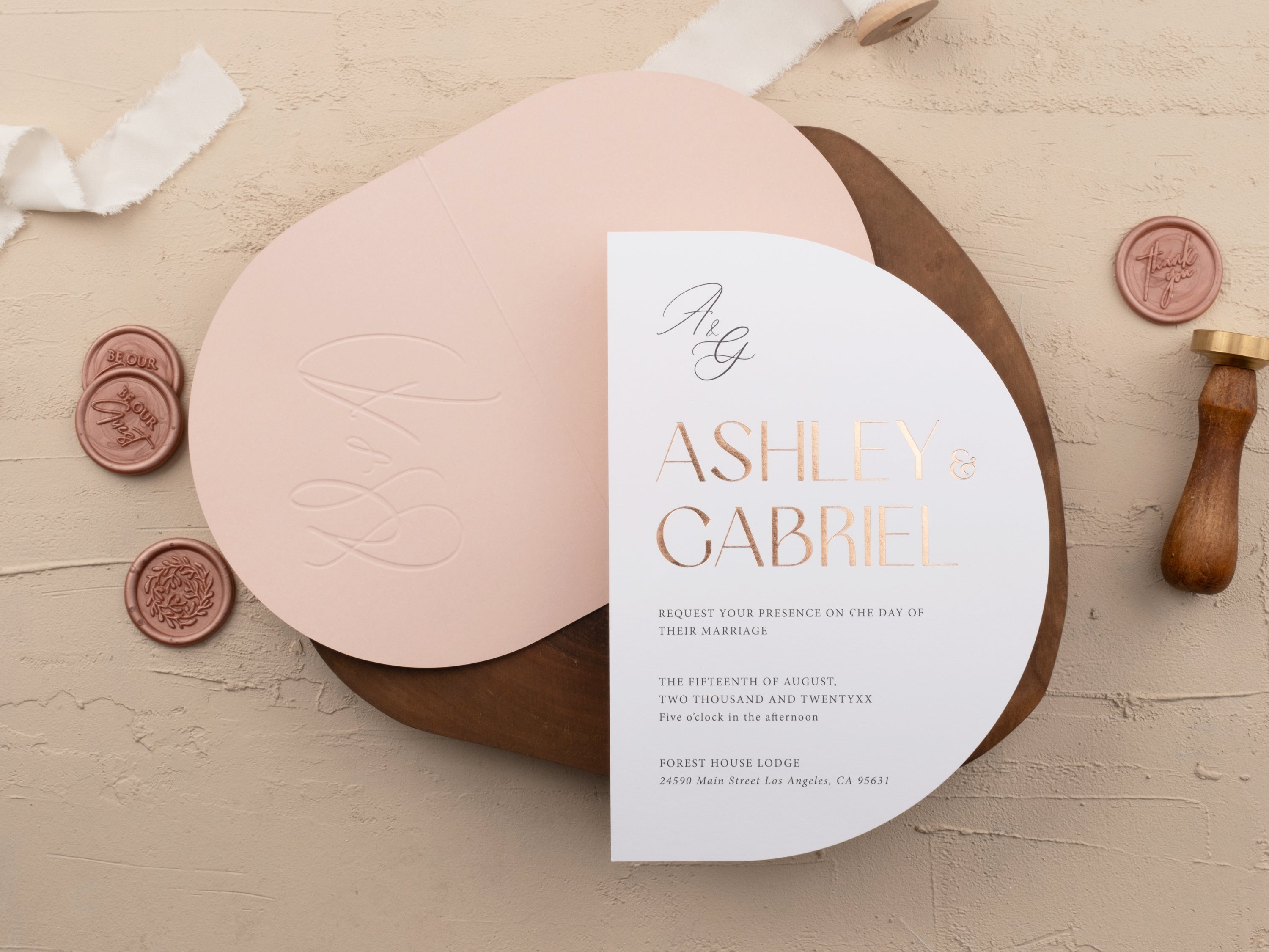 Rose Gold Foil Wedding Invitation with Half Circle Folded Blush Pink Jacket