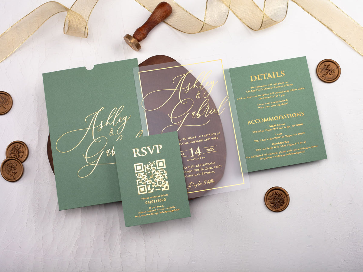 Sage Green and Gold Acrylic Wedding Invitation Sage Green and Gold Acrylic Wedding Invitation
