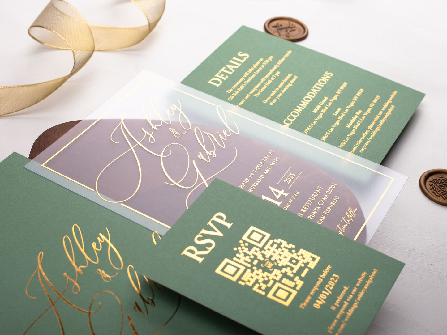 Sage Green and Gold Acrylic Wedding Invitation